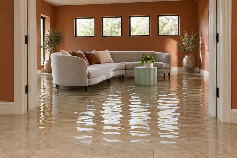 Water Extraction in Rowlett — deep standing water across a terracotta lounge